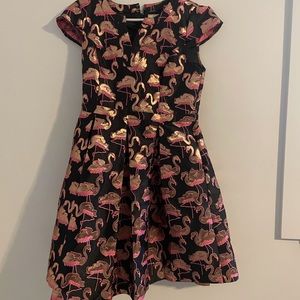 ModCloth Black Midi Dress with Pink and Gold Flamingo Print